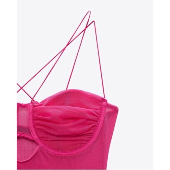NWT Zara Fuchsia Tulle Semi-Sheer Bodysuit, Size Large - Picture 9 of 15